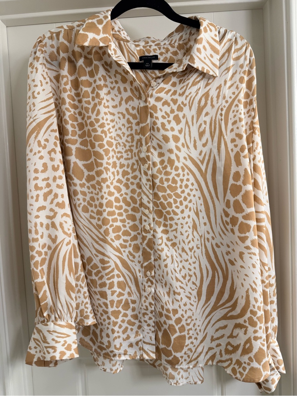Ann Taylor Cream and Beige Animal-Print Satin Button-up // Sz XXL